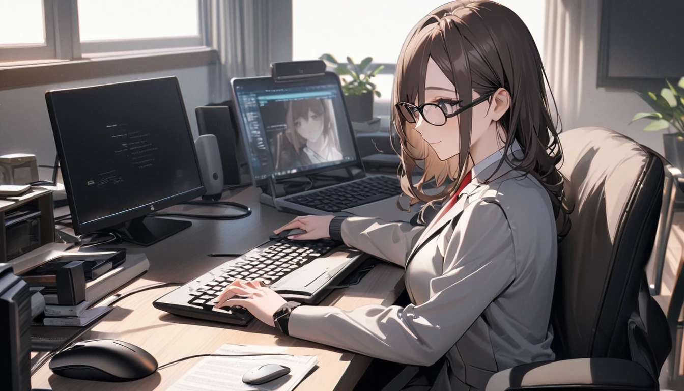 パソコンで仕事をするProfessionalグラマー,Portraiture,Professional,Wearing a smart suit,Stylish glasses,Typing on a sophisticated computer,Use a wireless mouse,Sitting at a modern desk,A soft smile,Soft natural light,High resolution,High resolution,Very detailed.One Woman ,alone, Dark brown hair