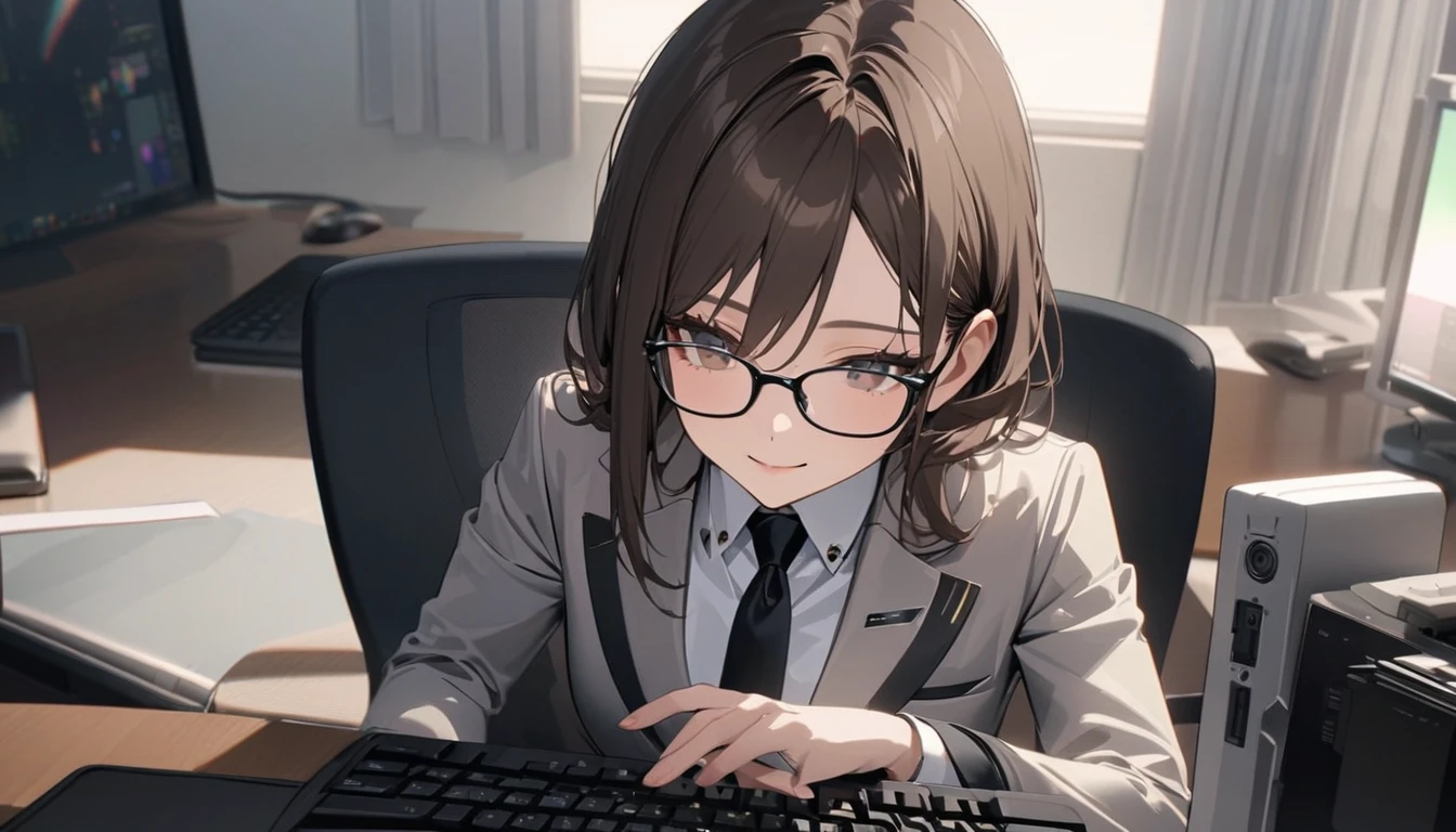 パソコンで仕事をするProfessionalグラマー,Portraiture,Professional,Wearing a smart suit,Stylish glasses,Typing on a sophisticated computer,Use a wireless mouse,Sitting at a modern desk,A soft smile,Soft natural light,High resolution,High resolution,Very detailed.One Woman ,alone, Dark brown hair