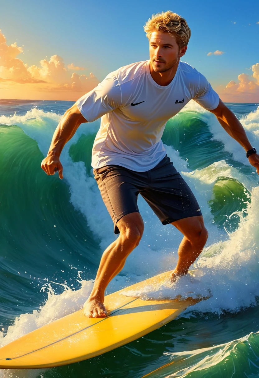 (a man,medium built),(short,blonde hair),(riding a wiglett:1.1,like it was a surfboard),(through the waves),(sunset behind).,(best quality:1.2),(ultra-detailed),(realistic:1.37),(landscape),(vivid colors),(warm and vibrant tones),(soft, golden light),(sparkling reflection on the water)