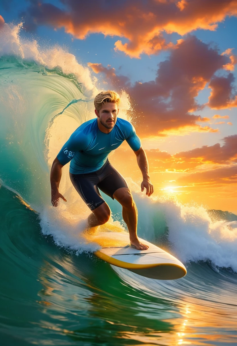 (a man,medium built),(short,blonde hair),(riding a wiglett:1.1,like it was a surfboard),(through the waves),(sunset behind).,(best quality:1.2),(ultra-detailed),(realistic:1.37),(landscape),(vivid colors),(warm and vibrant tones),(soft, golden light),(sparkling reflection on the water)