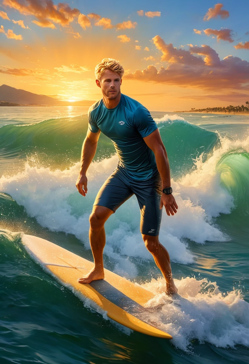 (a man,medium built),(short,blonde hair),(riding a wiglett:1.1,like it was a surfboard),(through the waves),(sunset behind).,(best quality:1.2),(ultra-detailed),(realistic:1.37),(landscape),(vivid colors),(warm and vibrant tones),(soft, golden light),(sparkling reflection on the water)