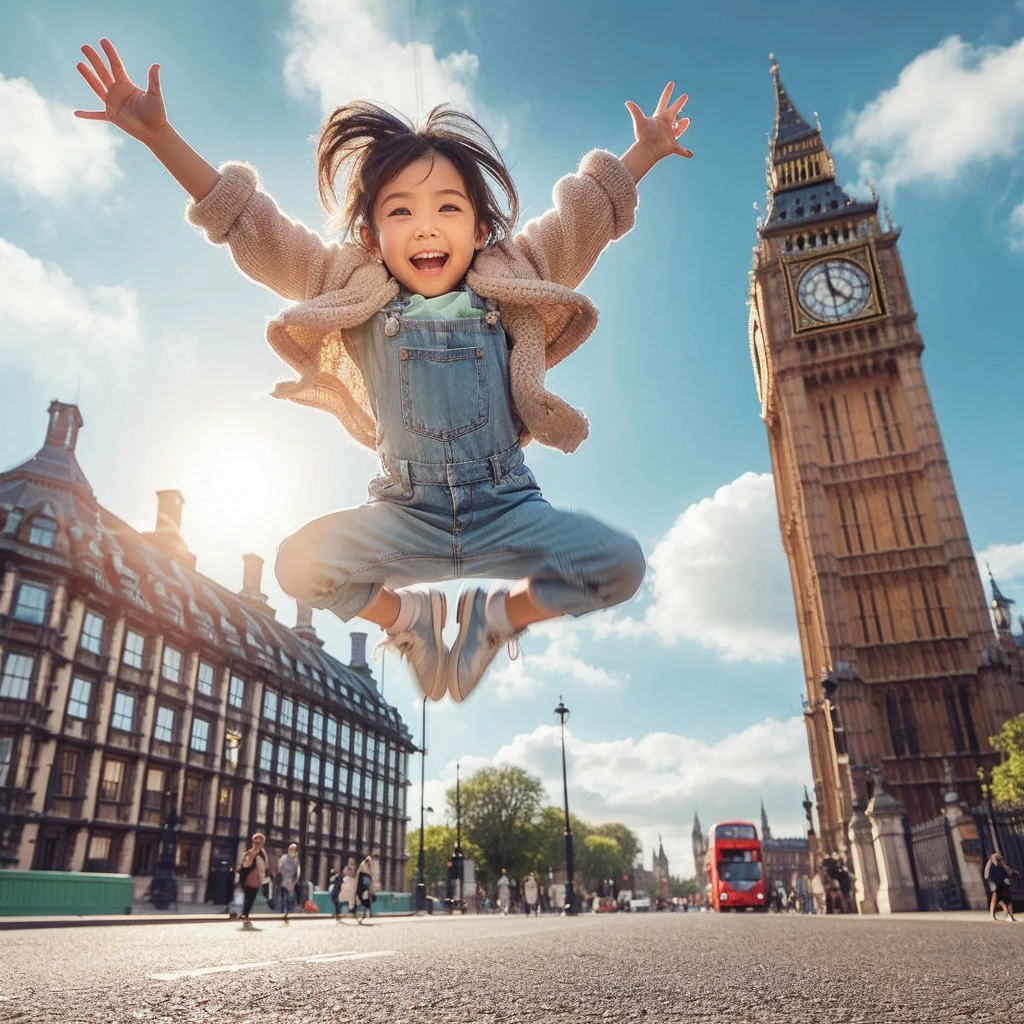 In front of Big Ben in England，an asian  girl（facing the camera）Jump up to the sky，Stretch your hands upward，knees bent in the air，like a trapeze artist，Very happy