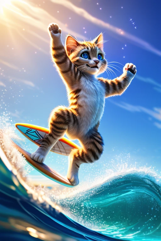 (Highest quality、masterpiece、8k))、Anatomically correct、Very detailed、High resolution、Realistic、((Beautiful, sparkling, detailed eyes))、Intricate details、Cinematic lighting、((Dynamic composition))、kitten、Big head、surfer、surfing、Ride the waves skillfully on one leg on a sharkboard、Midsummer Sea、Fluffy body