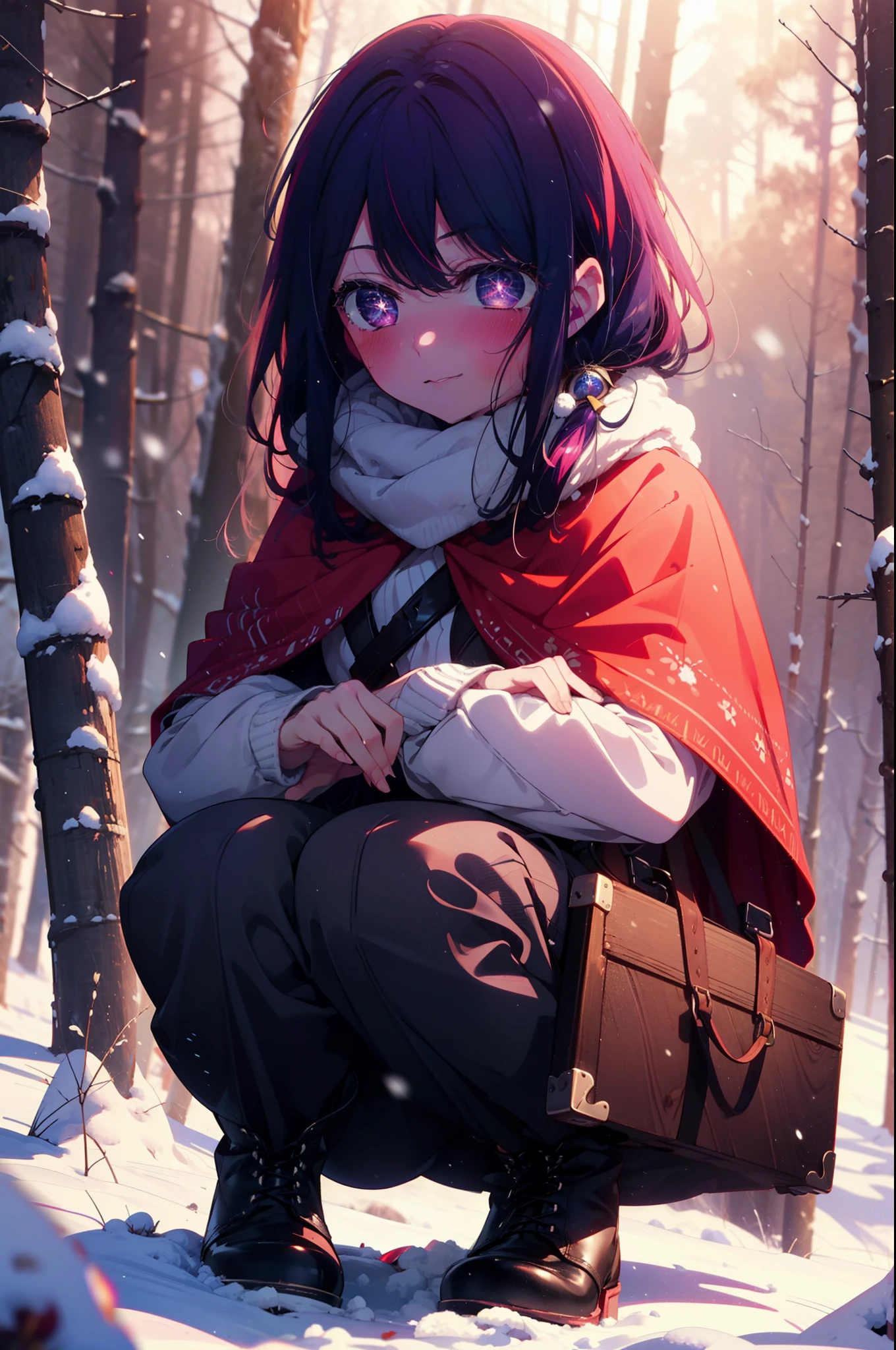 aihoshino, Ai Hoshino, Long Hair, bangs, (Purple eyes:1.1), Purple Hair, (Symbol-shaped pupil:1.5), smile,,smile,blush,white breath,
Open your mouth,snow,Ground bonfire, Outdoor, boots, snowing, From the side, wood, suitcase, Cape, Blurred, , forest, White handbag, nature,  Squat, Mouth closed, Cape, winter, Written boundary depth, Black shoes, red Cape break looking at viewer, Upper Body, whole body, break Outdoor, forest, nature, break (masterpiece:1.2), Highest quality, High resolution, unity 8k wallpaper, (shape:0.8), (Beautiful and beautiful eyes:1.6), Highly detailed face, Perfect lighting, Extremely detailed CG, (Perfect hands, Perfect Anatomy),