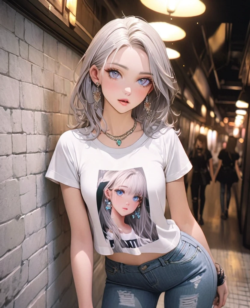 8K,gal,an extremely delicate and beautiful,Beautiful and realistic skin,Shiny jewel-like earrings,Shine like glitter long silver hair,beautiful eyes,Fashion Model,jeans,full body,T-shirt