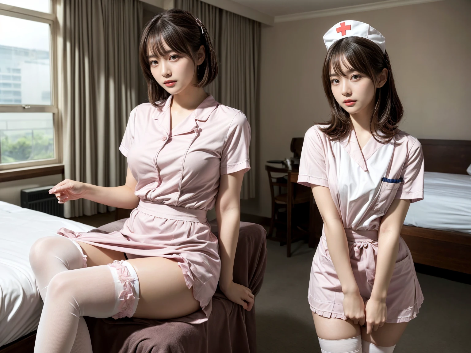 masterpiece, best quality, illustration, Super detailed, fine details, High resolution, 8K,wall paper, perfect dynamic composition,(Details High quality, realistic depiction of eyes:1.3), (3 girls), ((nurse cap, short sleeves, light pink nurse wear, ((white legwear, zettai ryouiki)))), sitting, open legs, short bob hair, in a hotel room in the background, deep on field, large breasts, black hair color, Big Natural Color Lip, (perfect body shape), crying a little、Harajuku style、20 year old girl、cute type、beautiful legs, Gravure Idol