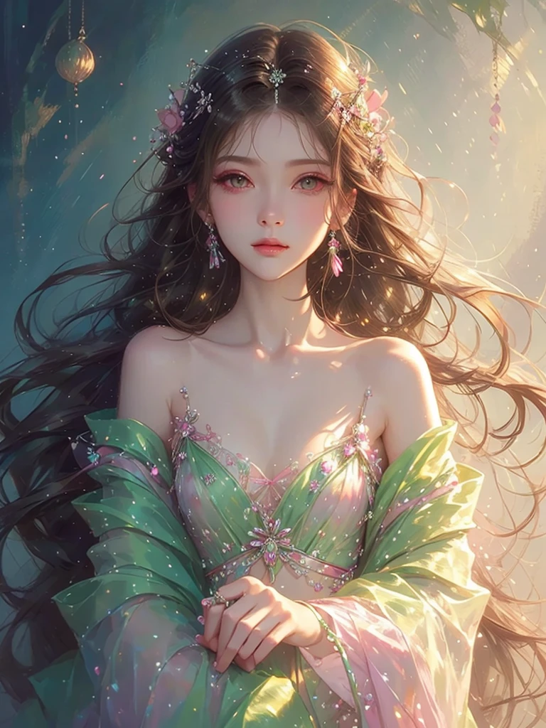 High quality, high resolution, fractal art, beautiful girl with long hair, pink eyes, princess, pink dress, pink transparent shawl on shoulder, Korean glitter eye makeup, very delicate makeup, shiny hair, fantastic, fantasy art, angel smile, moon visible