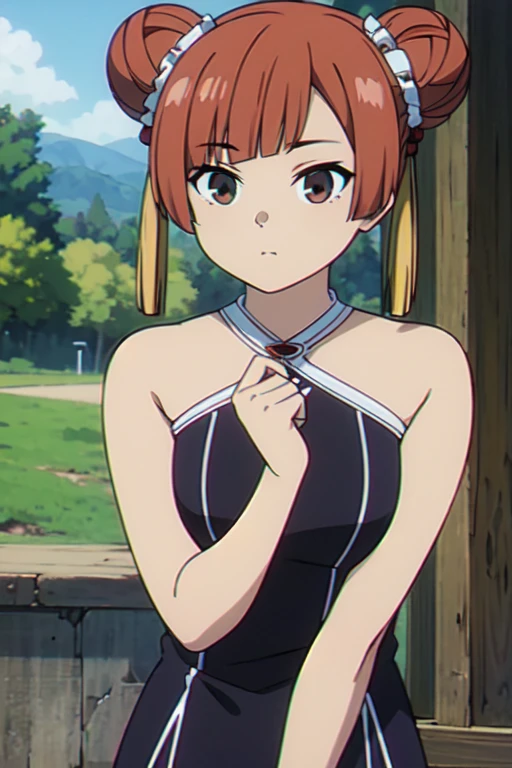 (((Best quality))),((Ultra-detailed)),((illustration)),((Disheveled hair)),((frilld)),(1 girl),(Solo),
1girl, bangs, bare shoulders, blunt bangs, brown eyes, brown hair, china dress, chinese clothes, closed mouth, cloud day, double bun, dress, eyebrows visible through hair, hair scrunchie, leaning forward, looking at viewer, nature, outdoors, scrunchie, sky, sleeveless, sleeveless dress, solo, tree, upper body