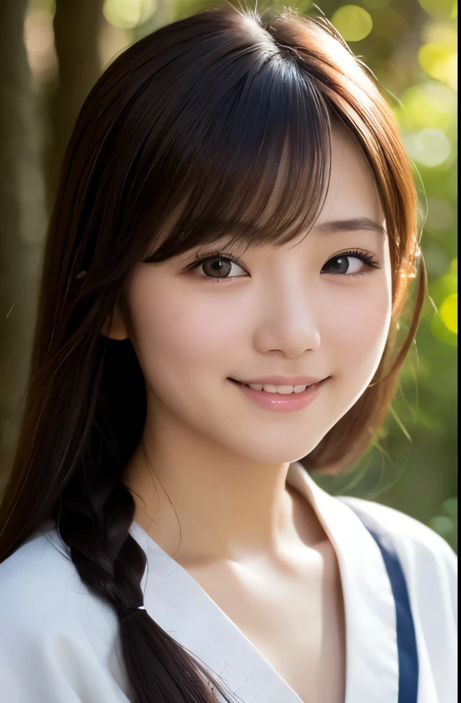 best quality, face focus, soft light, ultra high res, (photorealistic:1.4), RAW photo,(Shinozaki Ai),
1japanese girl, solo, cute, kawaii, smile, (pupil, lights in the eyes), detailed beautiful face, (busty),(high resolution detail of human skin texture),(long hair),(portrait), chest up, white traditional kimono, in the forest,