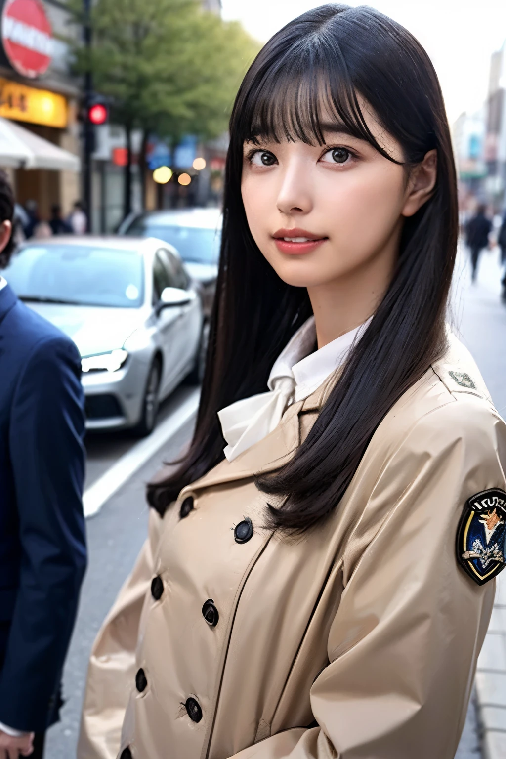 Wear a helmet and jacket、ヘルメットを被ったオレンジ色の制服を着て銃と赤と白のジェット機を持っているwoman, 70's jetfighter pilot girl,(high quality, Breathtakingly beautiful),(Expressive eyes, Perfect Face) ((Sexy lips)), woman, Patrolling the streets alone in the early morning, Brown Hair,  Medium length hair, Hair removal, Side bangs, Curly Hair, elegant, Soft Makeup,Perfect hands, Perfect Anatomy),whole body