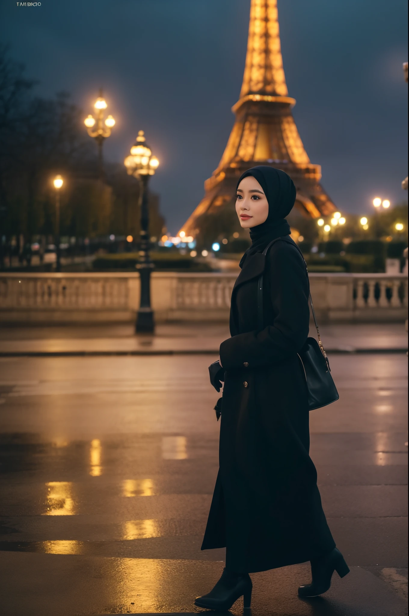Creating a cinematic shot of a gorgeous 26-year-old malay woman walking in the middle of a park. She is dressed in elegant winter fashion, with a long hijab wrapped around her neck, covering all her hair. Her face is symmetrical and stunning, with natural makeup, and she is exuding a sultry, flirty look. The scene is set at night with drizzling rain, wet streets, and lots of pedestrians strolling around. The Eiffel Tower is standing majestically in the background, illuminated against the night sky.
Using a medium long shot to capture her full-length appearance as she is walking. The camera is tracking her as she walks forward, maintaining a steady view of her elegant winter attire and the surrounding park environment. The streets and the Eiffel Tower are in sharp focus, showcasing the cinematic lighting and the realistic, detailed atmosphere of the scene. The resolution is ultra HD and 4K to highlight every aspect of her attire and the environment.