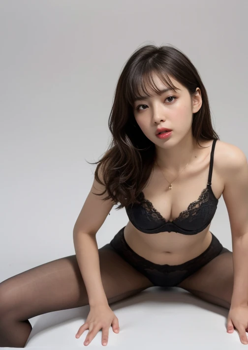 best quality,masterpiece,Ultra-high resolution,(Practical:1.4),original photo,Ultra-high resolution,White skin、Translucent Gold Lace Bra,High heel,Long legs:1.5,(((Spread your legs apart:1.5))),Bright and beautiful,High waist,Use red eyeshadow to create a gorgeous look,Gray background,Shoot upwards,Crotch close-up,Wear only pantyhose on the lower body,Shoot upwards,Mouth open