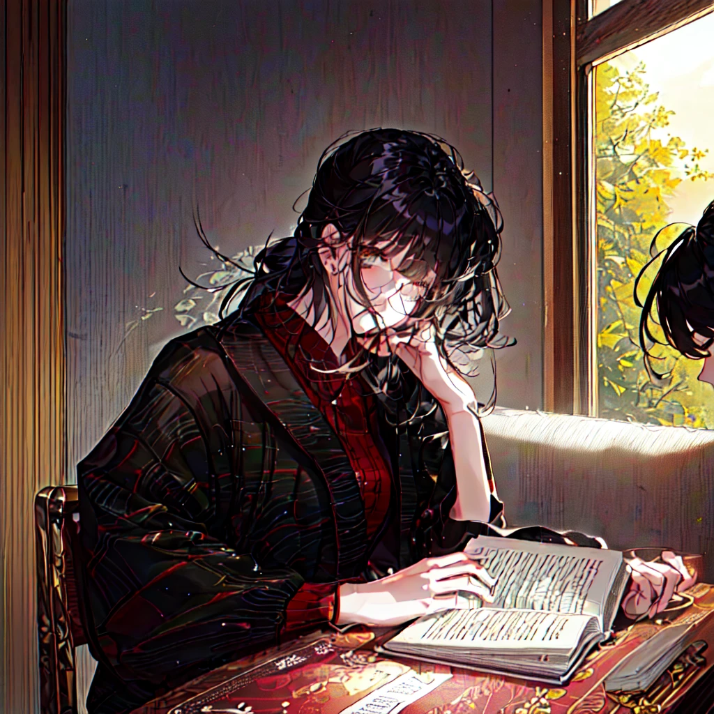 there is a woman sitting at a table reading a book, reading a book, reading new book, book portrait, reading, sakimichan, korean girl, ulzzang, by Yang J, studying, student, studious chiaroscuro, trying to read, infp girl, 🤤 girl portrait, by Li Song, by Mei Qing