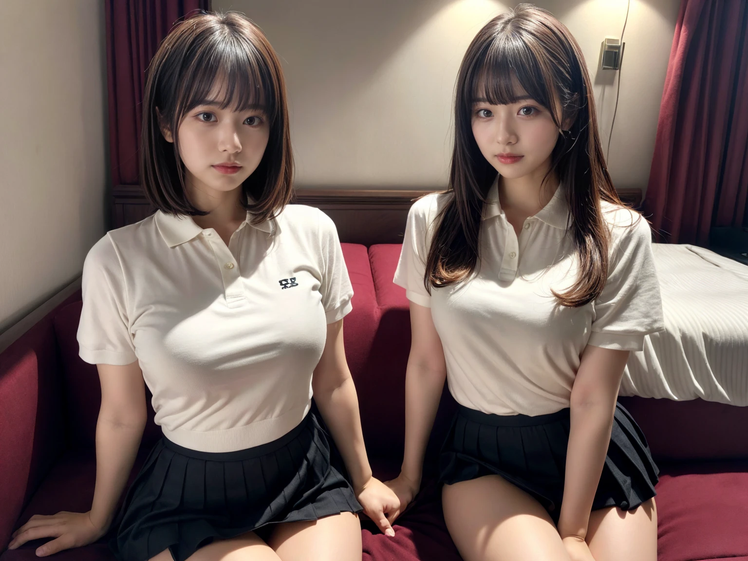 masterpiece, best quality, illustration, Super detailed, fine details, High resolution, 8K,wall paper, perfect dynamic composition,(Details High quality, realistic depiction of eyes:1.3), (2 girls), A tight polo shirt that expresses the roundness and softness of your chest., pleated mini skirt, sitting, open legs, short bob hair, in a hotel room in the background, deep on field, large breasts, black hair color, Big Natural Color Lip, (perfect body shape), crying a little、Harajuku style、20 year old girl、cute type、beautiful legs, Gravure Idol