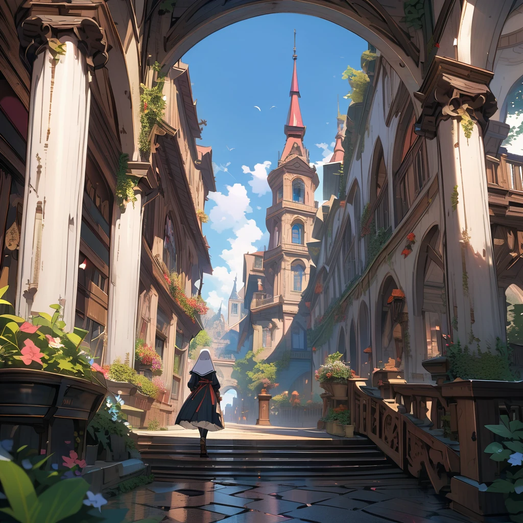Nun walking through ruins, scenery, background, detailed background, detailed depiction, 4K, UHD, absurd, ultra high quality, masterpiece, ultra distant view