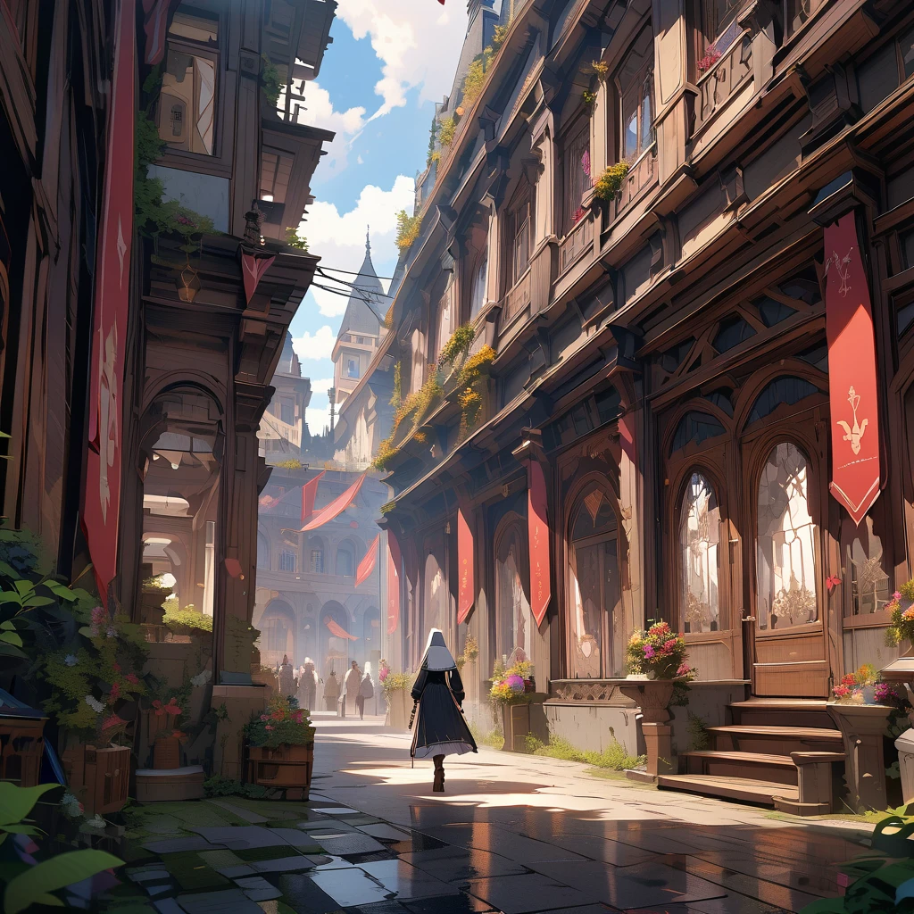 Nun walking through ruins, scenery, background, detailed background, detailed depiction, 4K, UHD, absurd, ultra high quality, masterpiece, ultra distant view