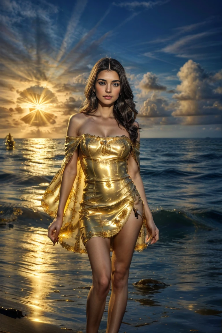 a masterpiece, ultra-realistic, 32k, extremely detailed photograph of a dark-haired girl with brown eyes, long legs and a size 3 dress, half-naked in a translucent cape with gold embroidery, holding a daisy in her hand, standing against the background of an ocean with transparent blue water, behind a fantastic landscape of alien three moons and two suns