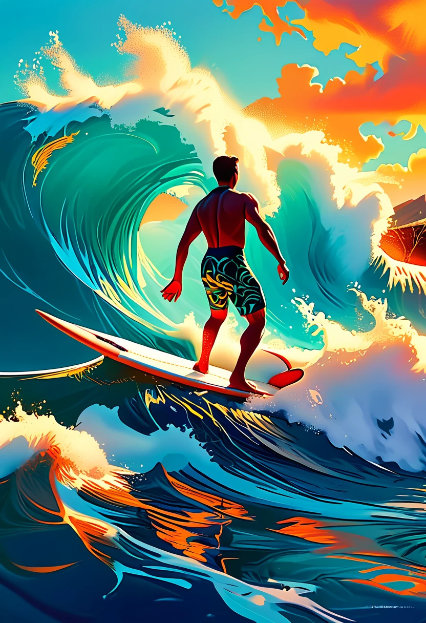 a man riding a surfboard on top of a wave in the ocean, jen bartel, in style of digital illustration, colorful illustration, kilian eng vibrant colors, kilian eng vibrant colours, inspired by Cyril Rolando, vector art style, in style of cyril rolando, adobe illustrator art, illustration style, stylised illustration, editorial illustration colorful, surfing