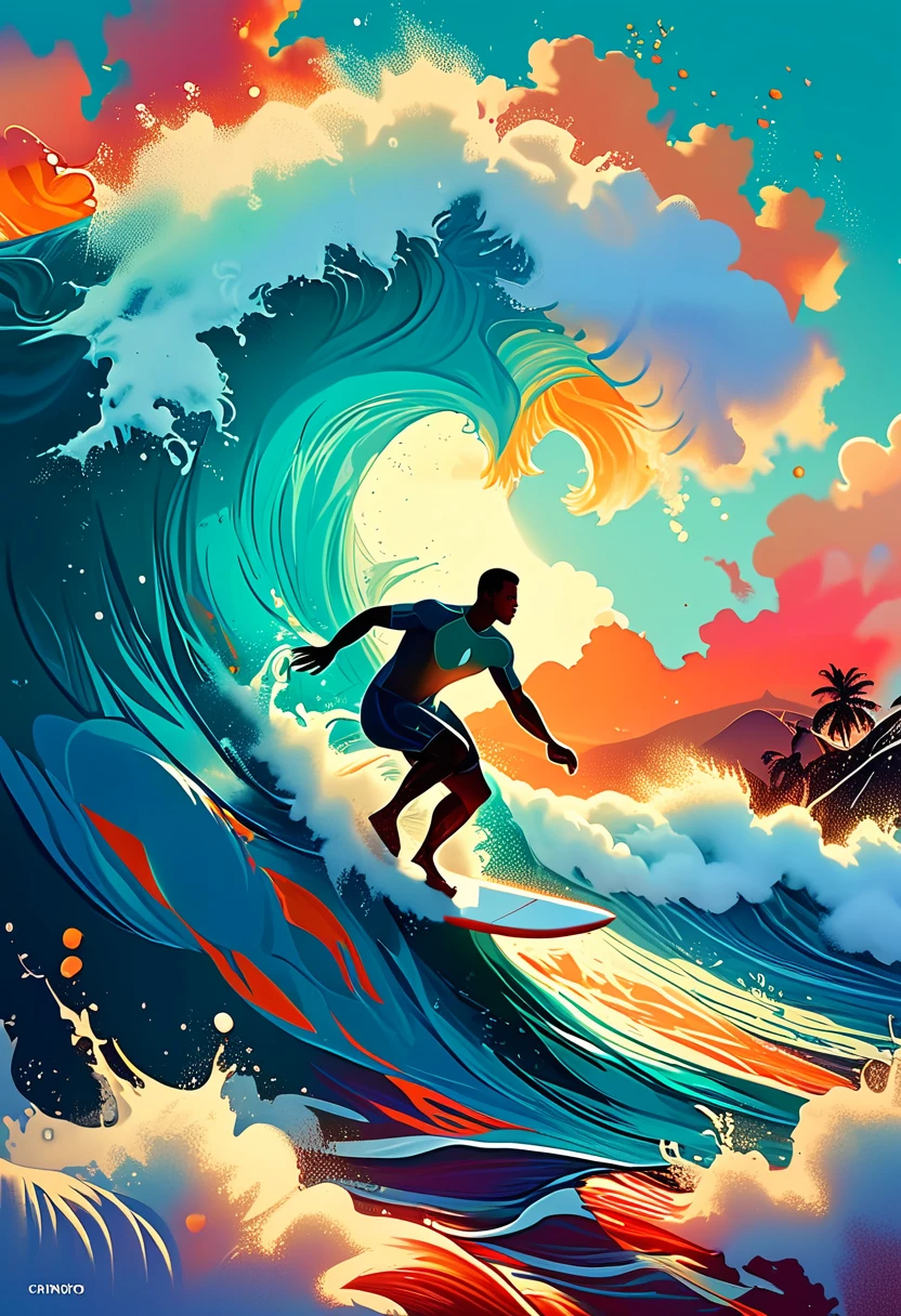 a man riding a surfboard on top of a wave in the ocean, jen bartel, in style of digital illustration, colorful illustration, kilian eng vibrant colors, kilian eng vibrant colours, inspired by Cyril Rolando, vector art style, in style of cyril rolando, adobe illustrator art, illustration style, stylised illustration, editorial illustration colorful, surfing