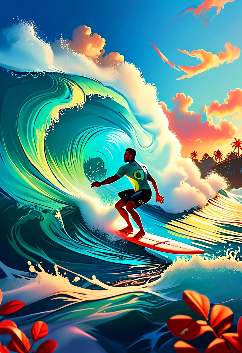 a man riding a surfboard on top of a wave in the ocean, jen bartel, in style of digital illustration, colorful illustration, kilian eng vibrant colors, kilian eng vibrant colours, inspired by Cyril Rolando, vector art style, in style of cyril rolando, adobe illustrator art, illustration style, stylised illustration, editorial illustration colorful, surfing