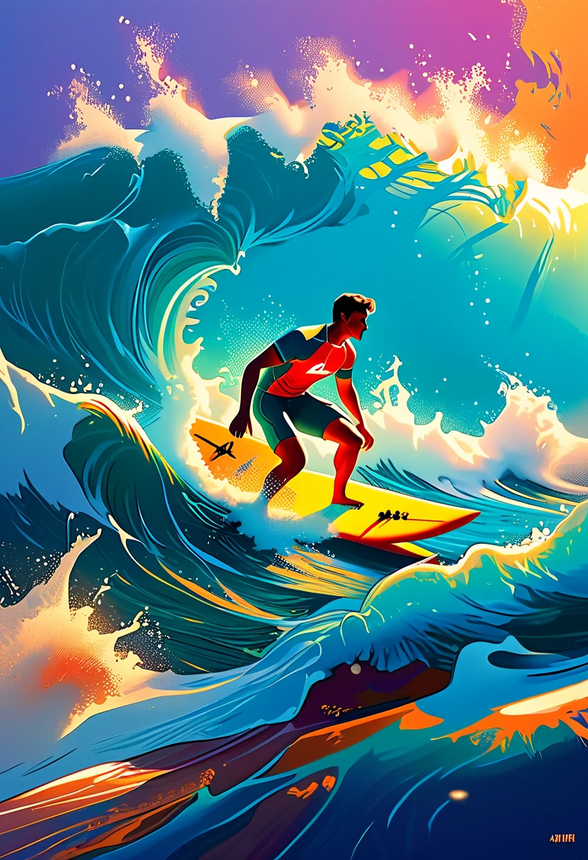 a man riding a surfboard on top of a wave in the ocean, jen bartel, in style of digital illustration, colorful illustration, kilian eng vibrant colors, kilian eng vibrant colours, inspired by Cyril Rolando, vector art style, in style of cyril rolando, adobe illustrator art, illustration style, stylised illustration, editorial illustration colorful, surfing
