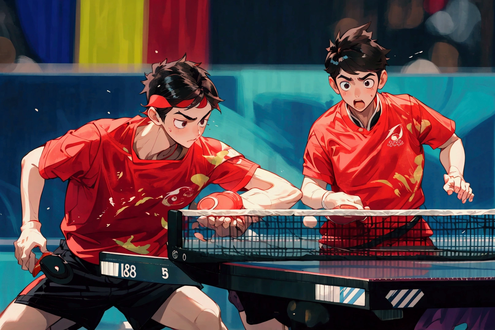 Short hair boy and girl cute,Left male Right female,18 years old,Delicate face,Wearing red T-shirt sportswear,Black sports shorts,Hand holding table tennis racket,Olympic Games Photos,China