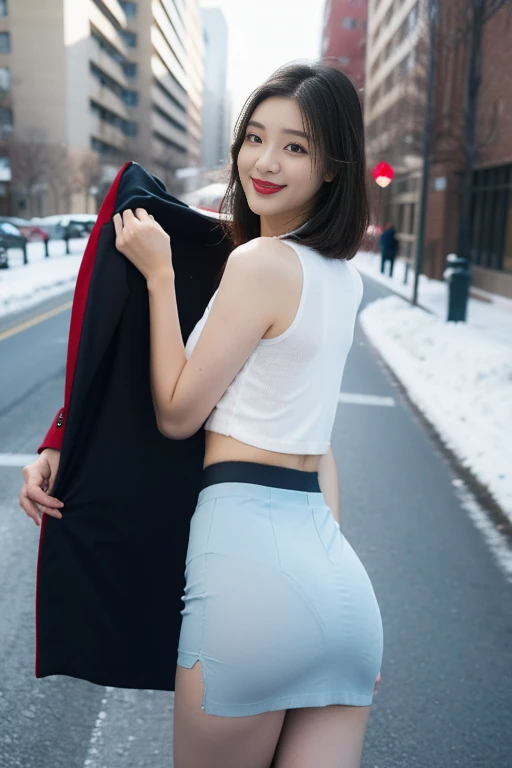 Highest quality, 4K, 8k, Detailed face, Clear Face, Cute Girls, Korean Makeup, Red lips, smile, Perfect body,Straight short hair to the shoulders,Small breasts,thigh,slim,thin, The girl has long, Wide coat, Under the jacket was a top tube and pantyhose.., Lower abdomen, Snow Scene, winter, street,Accentuate your butt、(Panty lines、Panty lines showing through the skirt:1.2),(skirt with deep slit,,)