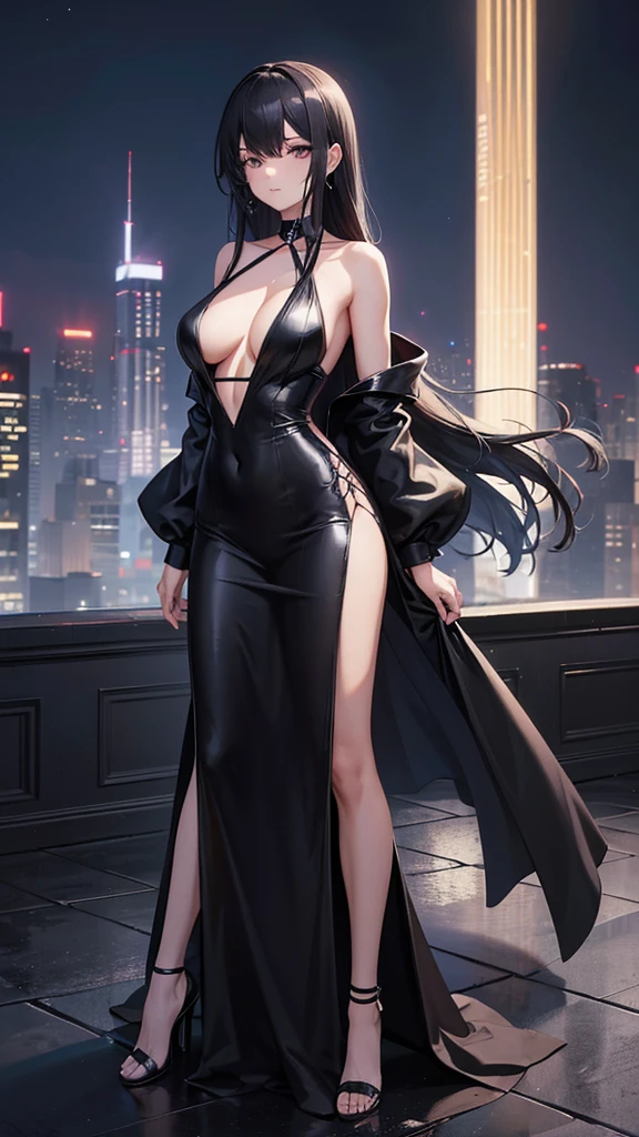 Digital art of a woman in a sleek, black gown with a plunging neckline and a high slit, standing on a rooftop at night,