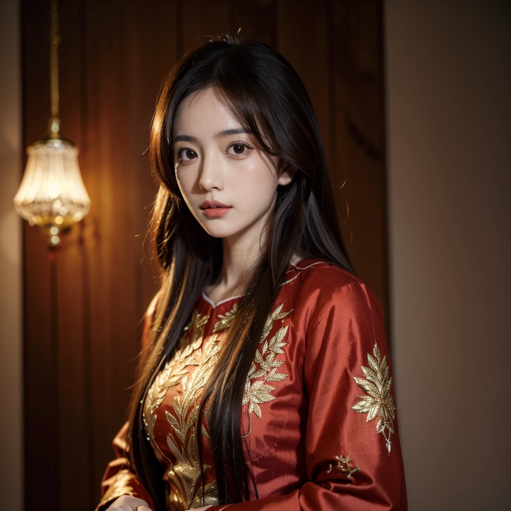 ((Highest quality)), ((masterpiece)), (detailed), (Perfect Face)、The woman is Ogiso Setsuna, with light brown, medium-long hair and a gorgeous red long-slit Chinese dress with gold embroidery and trim.
