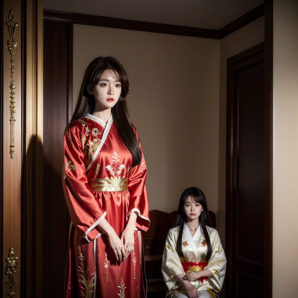((Highest quality)), ((masterpiece)), (detailed), (Perfect Face)、The woman is Ogiso Setsuna, with light brown, medium-long hair and a gorgeous red long-slit Chinese dress with gold embroidery and trim.