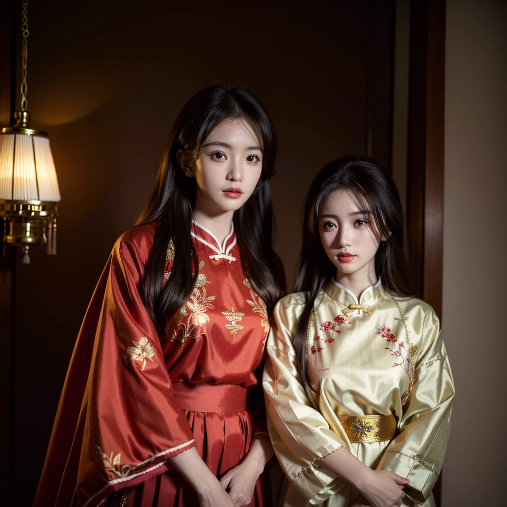 ((Highest quality)), ((masterpiece)), (detailed), (Perfect Face)、The woman is Ogiso Setsuna, with light brown, medium-long hair and is wearing a gorgeous red long-slit wedding Chinese dress with gold embroidery and trim.
