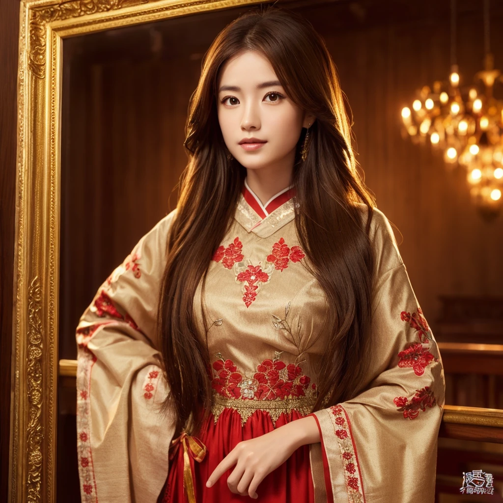 ((Highest quality)), ((masterpiece)), (detailed), (Perfect Face)、The woman is Ogiso Setsuna, with light brown, medium-long hair and a gorgeous red long-slit Chinese dress with gold embroidery and trim.