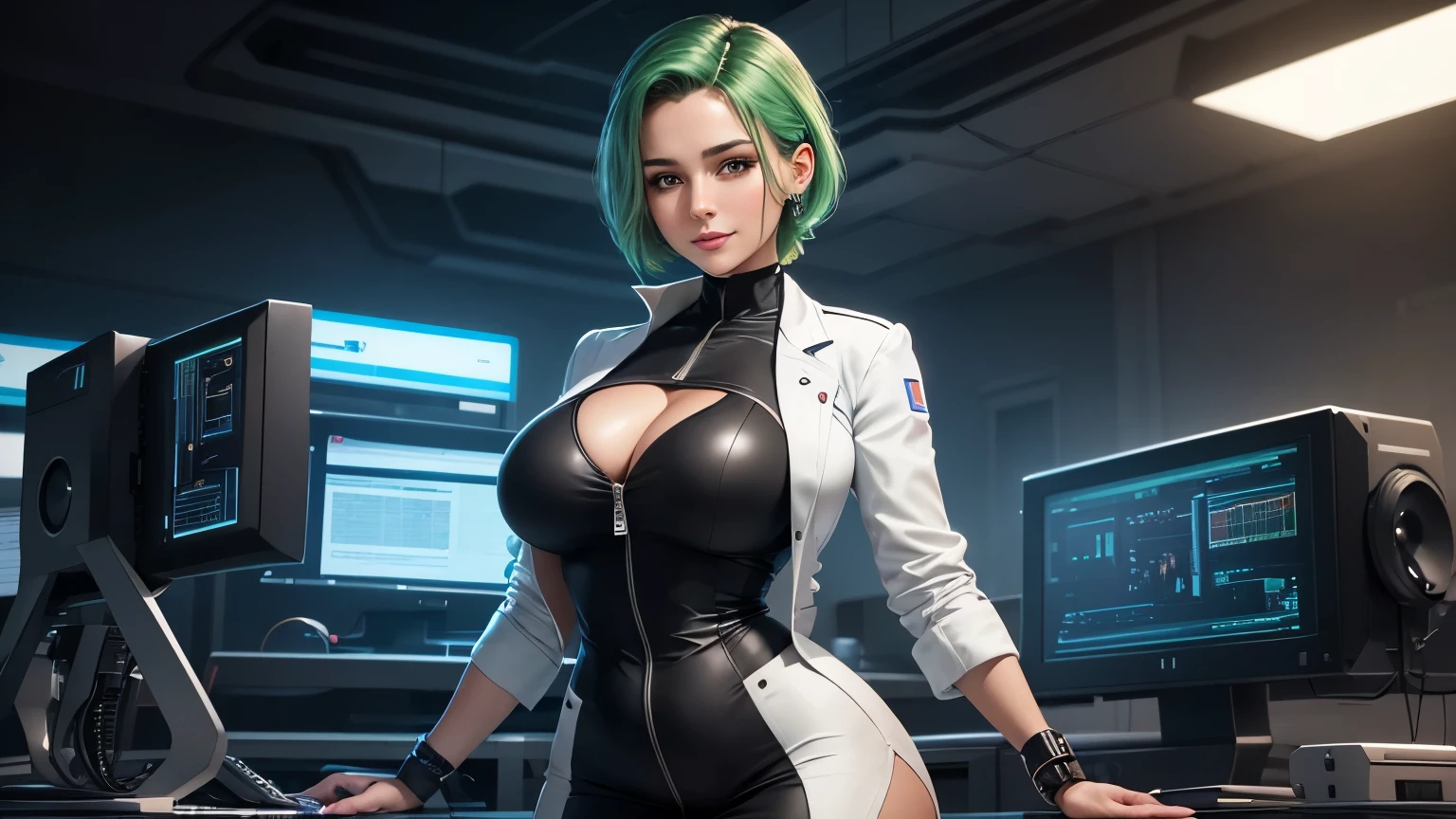 Create a detailed and highly realistic scene depicting a Tech Scientist Beautiful Girl: Valeria, a 25-year-old with short green hair styled in a sleek, professional manner. She has a beautiful, perfect face with a beauty mark, soft skin, and European features, featuring light black and dark shades added. She wears a tight, form-fitting white lab coat with black sleeves and a zipper front, accentuating her hourglass figure with a large bust, large hips, and a slim waist. Valeria has a warm, smiling expression. She stands in a high-tech laboratory, surrounded by advanced scientific equipment and glowing monitors, exuding an aura of intelligence and innovation. The background is sleek and modern, with various lab instruments, test tubes, and computers enhancing her authoritative presence. The entire scene should be in an oil painting style, with an 8k resolution to capture the essence of a masterpiece.