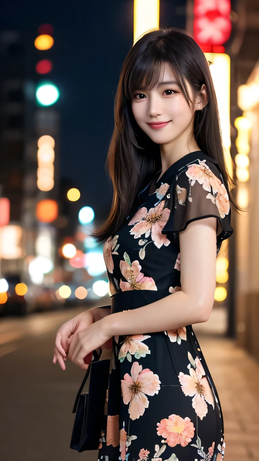 1 Japanese girl,(Floral Dress:1.4), (RAW Photos, Highest quality), (Realistic, Realistic:1.4), Tabletop, Very delicate and beautiful, Very detailed, 8k wallpaper, wonderful, In detail, Very detailedなCG Unity, High resolution, Soft Light, A beautifully drawn 19-year-old girl in detail, Very detailedな目と顔, Beautiful and detailed nose, Beautiful details,Cinema Lighting,City lights at night,Perfect Anatomy,Slender body,smile (My hair is messy, Asymmetrical bangs, Black Hair,semi-long)