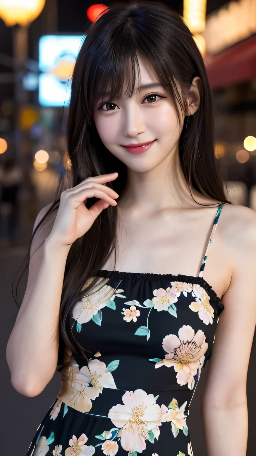 1 Japanese girl,(Floral Dress:1.4), (RAW Photos, Highest quality), (Realistic, Realistic:1.4), Tabletop, Very delicate and beautiful, Very detailed, 8k wallpaper, wonderful, In detail, Very detailedなCG Unity, High resolution, Soft Light, A beautifully drawn 19-year-old girl in detail, Very detailedな目と顔, Beautiful and detailed nose, Beautiful details,Cinema Lighting,City lights at night,Perfect Anatomy,Slender body,smile (My hair is messy, Asymmetrical bangs, Black Hair,semi-long)