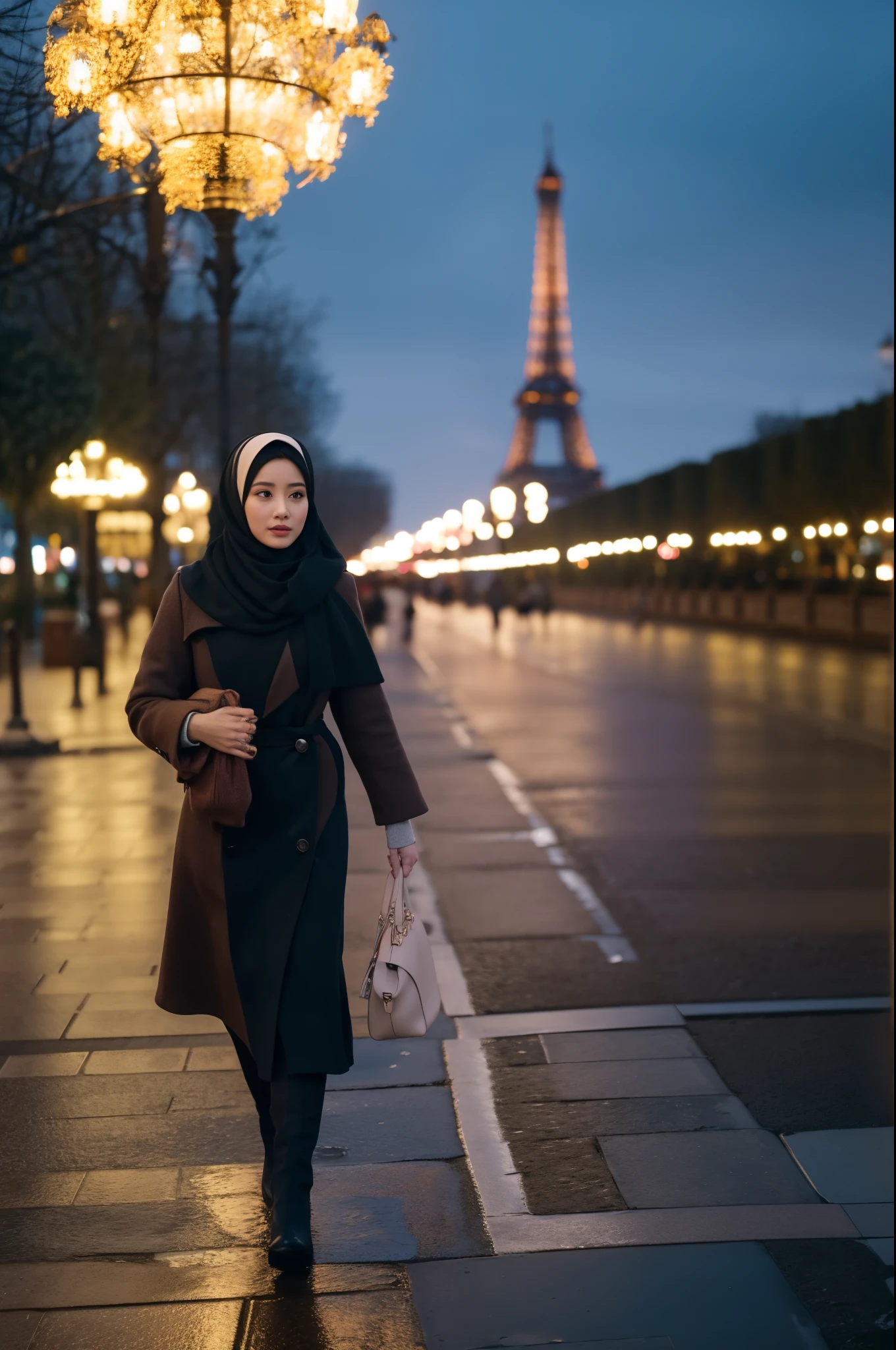 Creating a cinematic shot of a gorgeous 26-year-old malay woman walking in the middle of a park. She is dressed in elegant winter fashion, with a long hijab wrapped around her neck, covering all her hair. Her face is symmetrical and stunning, with natural makeup, and she is exuding a sultry, flirty look. The scene is set at night with drizzling rain, wet streets, and lots of pedestrians strolling around. The Eiffel Tower is standing majestically in the background, illuminated against the night sky.

Using a medium long shot to capture her full-length appearance as she is walking. The camera is tracking her as she walks forward, maintaining a steady view of her elegant winter attire and the surrounding park environment. The streets and the Eiffel Tower are in sharp focus, showcasing the cinematic lighting and the realistic, detailed atmosphere of the scene. The resolution is ultra HD and 4K to highlight every aspect of her attire and the environment.