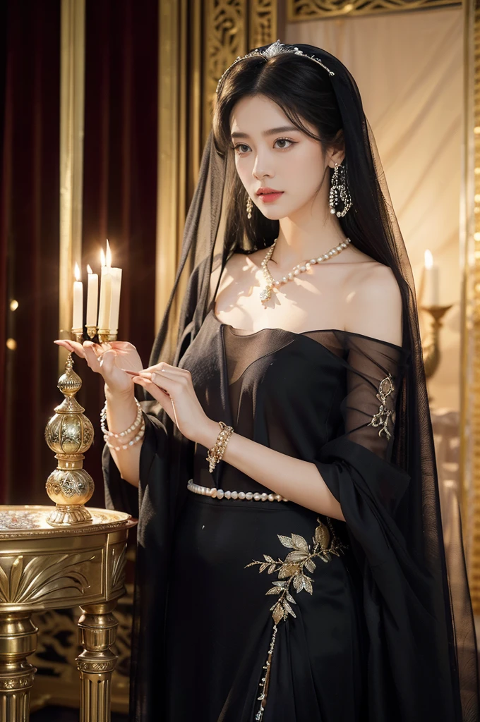 (((best quality))),(((ultra detailed))),(((masterpiece))),illustration,((1girl,Arabian dancer,solo)),(hijab:1.3),((slim,thin)),((small breasts,flat chest)),((earrings,necklace)),((pearls,jewels,gemstones)),(night scene:1.3),(standing:1.3),(in luxurious palace:1.3),(indoor:1.3),(gorgeous embroidered Arabian sheer gown:1.3), intricate patterns,((Arabian theme,Middle Eastern culture)),(shoulder length straight hair:1.2),(sheer veil on face:1.3),mystery, ornate furnishings, decorations, enchantment, magic, Persian magic carpet,night sky, floating,Aladdin's lamp, flame, fulfillment of desires,candlelight,romance,One Thousand and One Nights, coherent narrative, dreamlike atmosphere, deep emotions, graceful movements, passion, face beneath the veil, beloved's dream, timeless beauty, enchantment,magical world, wondrous journey,((from front,upper body))
