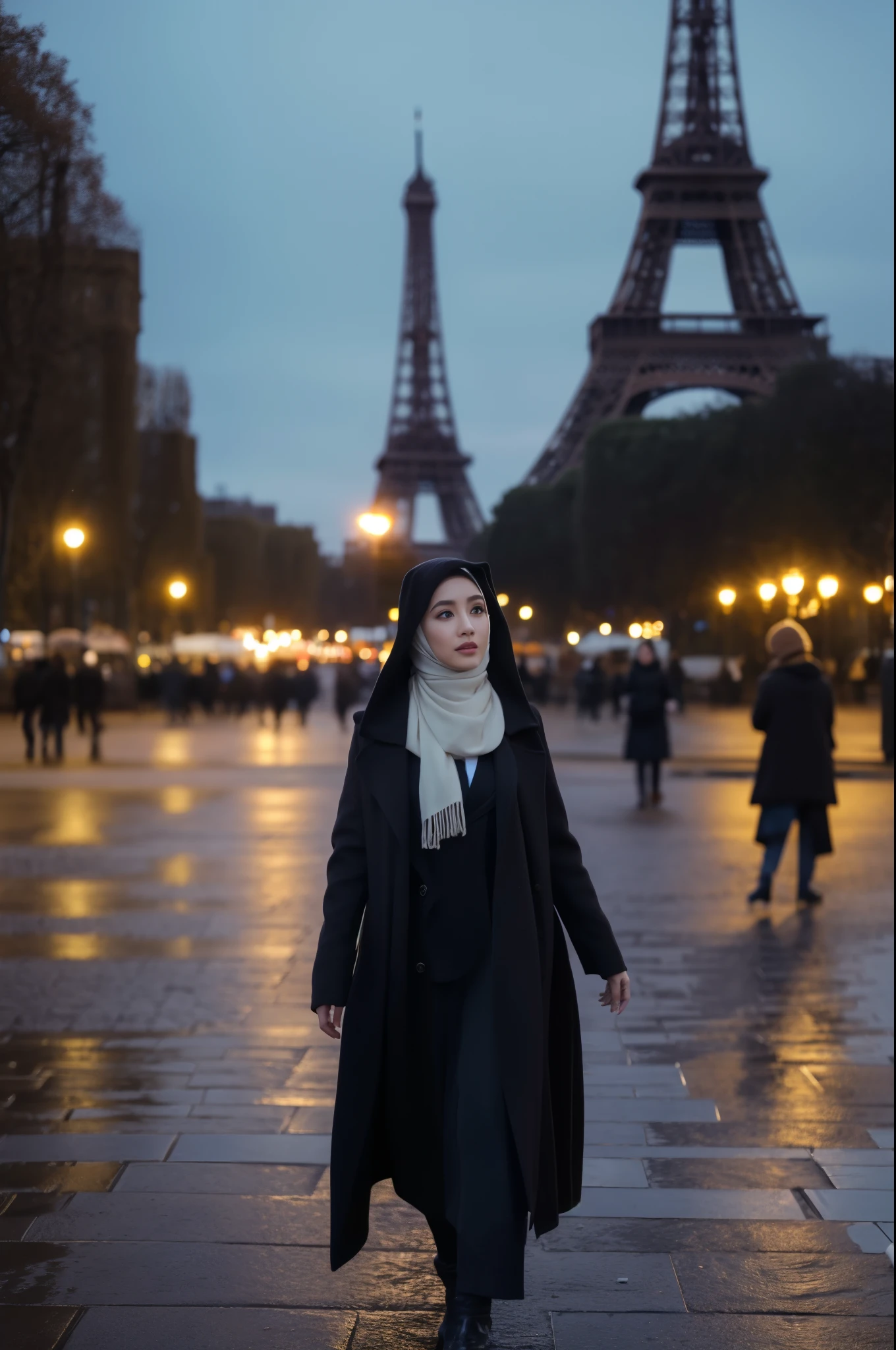 Creating a cinematic shot of a gorgeous 26-year-old malay woman walking in the middle of a park. She is dressed in elegant winter fashion, with a long hijab wrapped around her neck, covering all her hair. Her face is symmetrical and stunning, with natural makeup, and she is exuding a sultry, flirty look. The scene is set at night with drizzling rain, wet streets, and lots of pedestrians strolling around. The Eiffel Tower is standing majestically in the background, illuminated against the night sky.
Using a medium long shot to capture her full-length appearance as she is walking. The camera is tracking her as she walks forward, maintaining a steady view of her elegant winter attire and the surrounding park environment. The streets and the Eiffel Tower are in sharp focus, showcasing the cinematic lighting and the realistic, detailed atmosphere of the scene. The resolution is ultra HD and 4K to highlight every aspect of her attire and the environment.