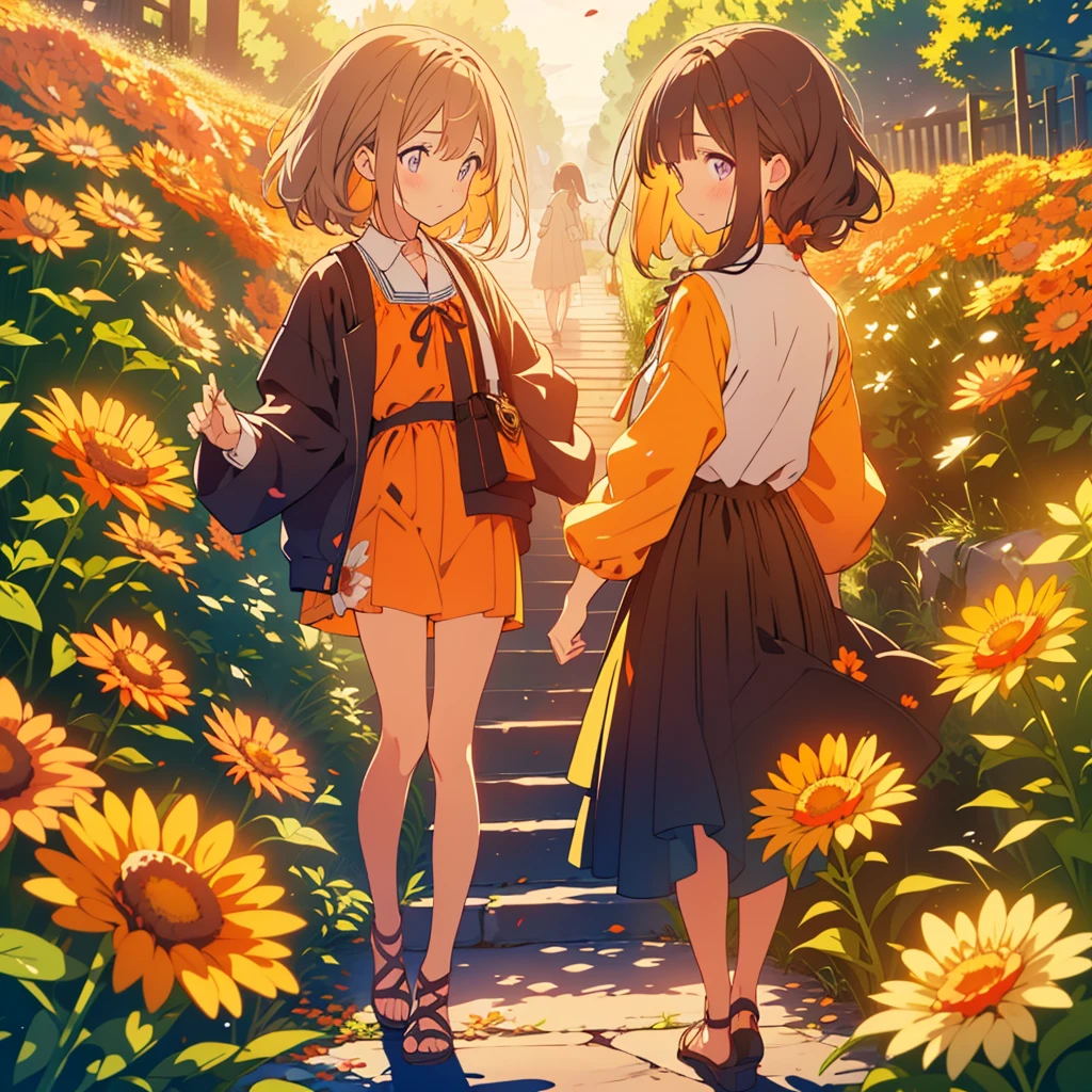 kawaii, anime, Cute, hyper quality, highly detailed, 8k, Clarity, Draw facial expressions in detail, Girl with long dark brown hair and green eyes, Woman with long light pink hair and purple eyes looking back, A small, short, dark orange calendula spreads out at my feet., A hill with small, short, dark orange calendula growing in clusters at its feet., Inciting point of view, Deep orange calendula petals are dancing, back to back, look down with a sad expression, whole body, draw two people, small calendula at my feet, small Calendula officinalis at my feet, dress, farewell, Loneliness, sadness of parting, Sad, broken heart, A flower garden spreads out at your feet, 