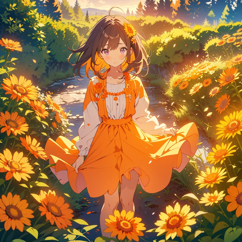 kawaii, anime, Cute, hyper quality, highly detailed, 8k, Clarity, Draw facial expressions in detail, Girl with long dark brown hair and green eyes, Woman with long light pink hair and purple eyes looking back, A small, short, dark orange calendula spreads out at my feet., A hill with small, short, dark orange calendula growing in clusters at its feet., Inciting point of view, Deep orange calendula petals are dancing, back to back, look down with a sad expression, whole body, draw two people, small calendula at my feet, small Calendula officinalis at my feet, dress, farewell, Loneliness, sadness of parting, Sad, broken heart, A flower garden spreads out at your feet, 