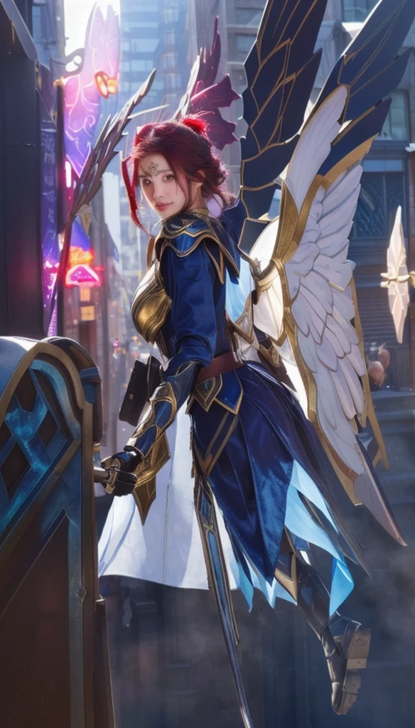 A young woman with beautiful armor and wings on her back. She is flying in the middle of the city carrying a staff. 