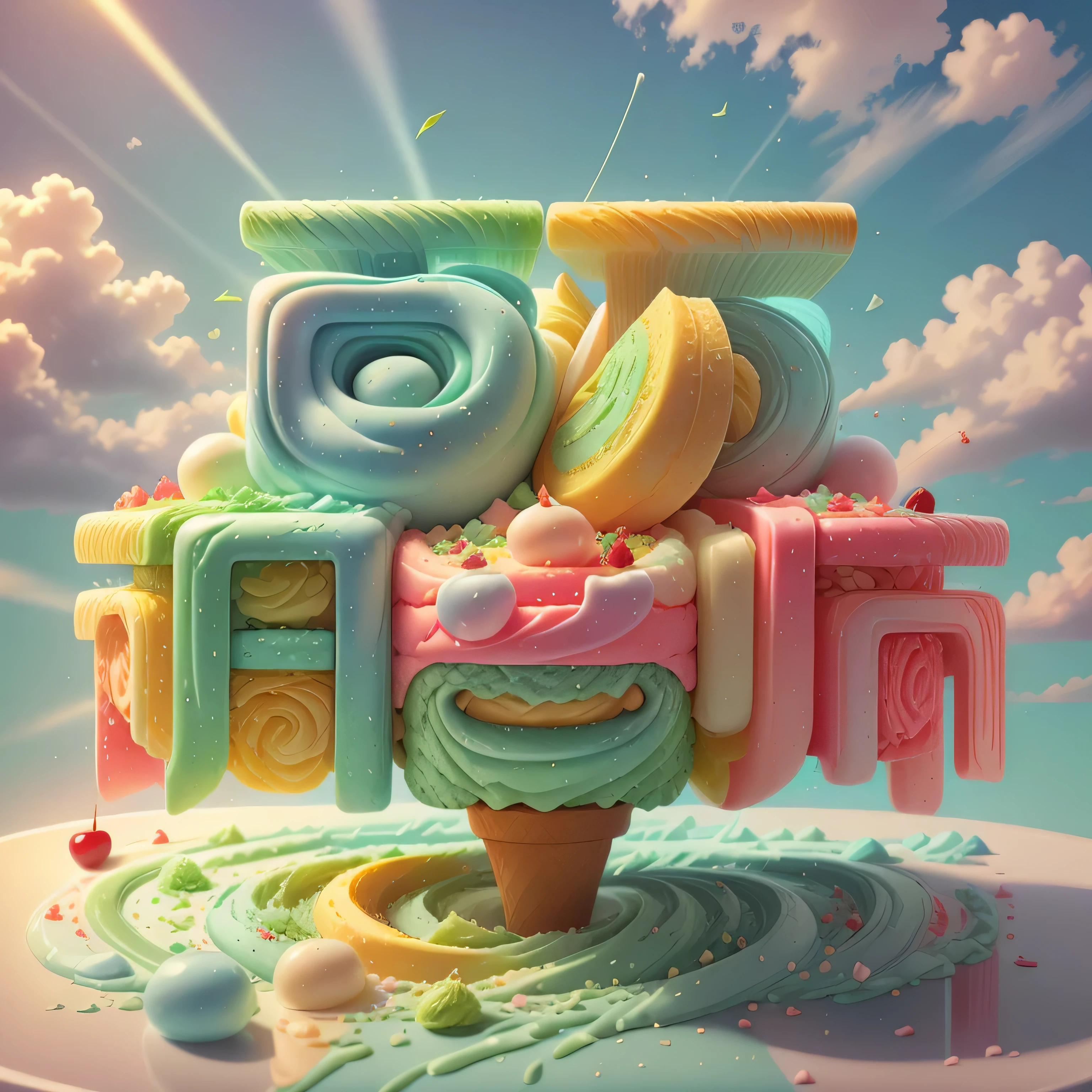 Blue sky and white clouds，Sunlight，Sunlight，Matcha Ice Cream Cone，Drizzle with dark chocolate sauce，Soft，delicious， panoramic，Vibrant green background，lifelike、Detailed images，Ultra-clear，best quality，Food wallpaper，cherry，strawberry，Lemon slices，Banana slices