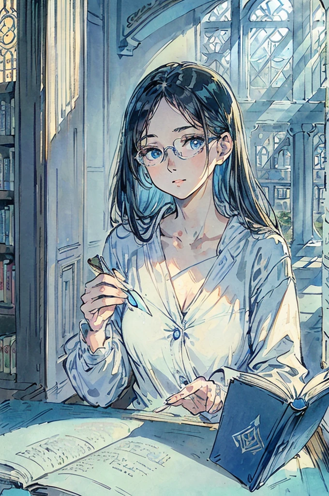 (a young lady, glasses, detailed eyes and face, gentle face, confident, blue eyes, blue vibes that surround her) ( therapist, Doctor ), (an old library), (reading a book, focused), (sunlight streaming through the window), (serene atmosphere), (vintage, classical), (warm color palette), (gentle lighting)