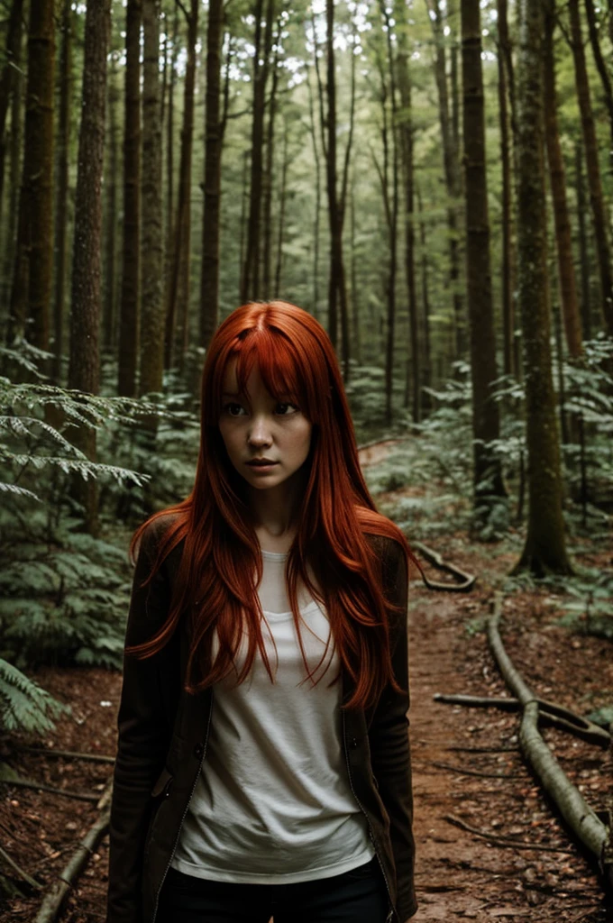 A thin red-haired girl with a frightened face stands in the forest.