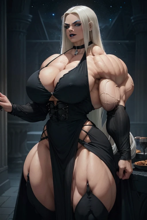 ((Close-up)), tall, (White hair) beautiful muscular vampire woman, long straight hair, light brown skinned, large breast, closed smile, (black lipstick), (massive muscles), (hyper muscle), (ginormous bulky muscles), (glowing blue eyes), ((black long sleeve maxi dress)), choker, thigh highs, high heels, (dark and moody universe:1.3), in a dark castle at night,