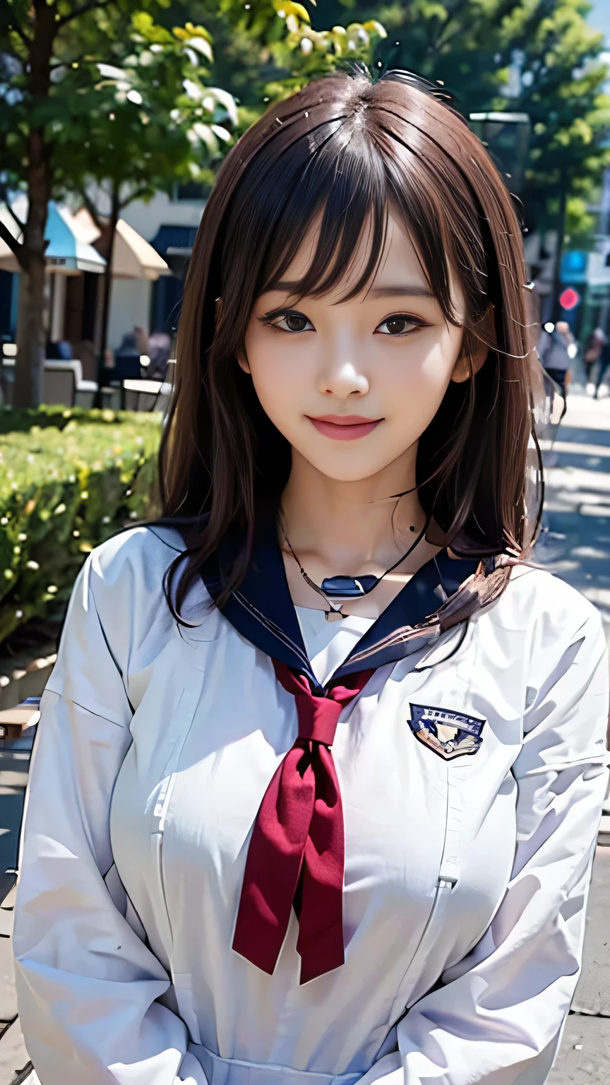 ((Highest quality、masterpiece、High resolution))、(((Zoom photo of upper body)))、One Woman、A shy smile、15 years old、Large Breasts、Sailor suit、Black Hair、Shorn bangs、Straight hair