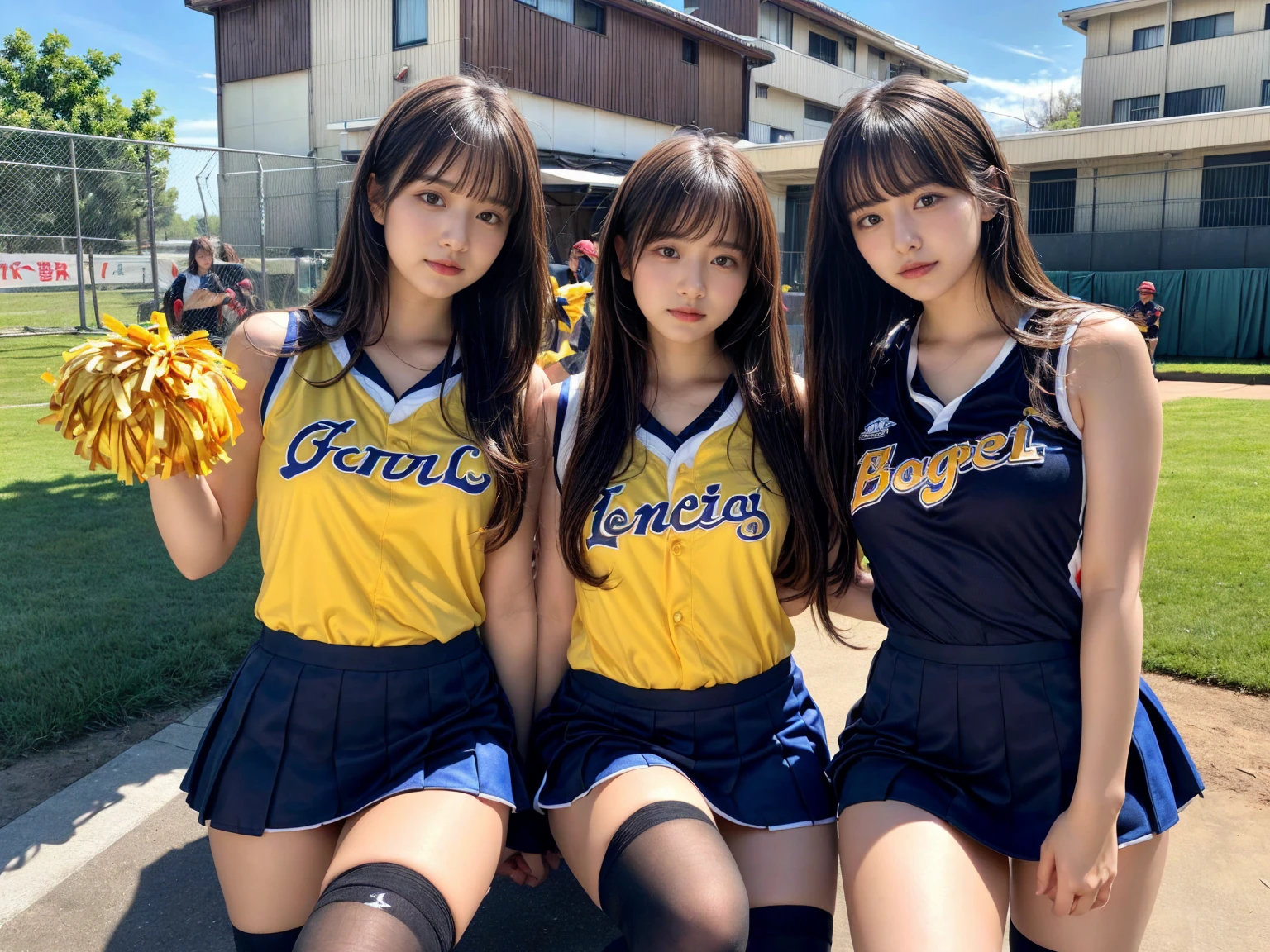 masterpiece, best quality, illustration, Super detailed, fine details, High resolution, 8K,wall paper, perfect dynamic composition,(Details High quality, realistic depiction of eyes:1.3), (3 girls), BREAK (cheerleader uniform with yellow as basic color:1.3), (holding a yellow pompoms in hand:1.4), (sleeveless yellow tunic with baseball team logo:1.4), yellow tops, (bold V-neck:1.3), ((Blue lines, black lines) on tops:1.3), ((fit and flare, A-line):1.3), (A-line yellow rah-rah skirt:1.3), mini skirt, (black socks:1.3), (sports shoes:1.2), sitting, open legs, short bob hair, in a hotel room in the background, deep on field, large breasts, black hair color, Big Natural Color Lip, (perfect body shape), crying a little、Harajuku style、20 year old girl、cute type、beautiful legs, Gravure Idol