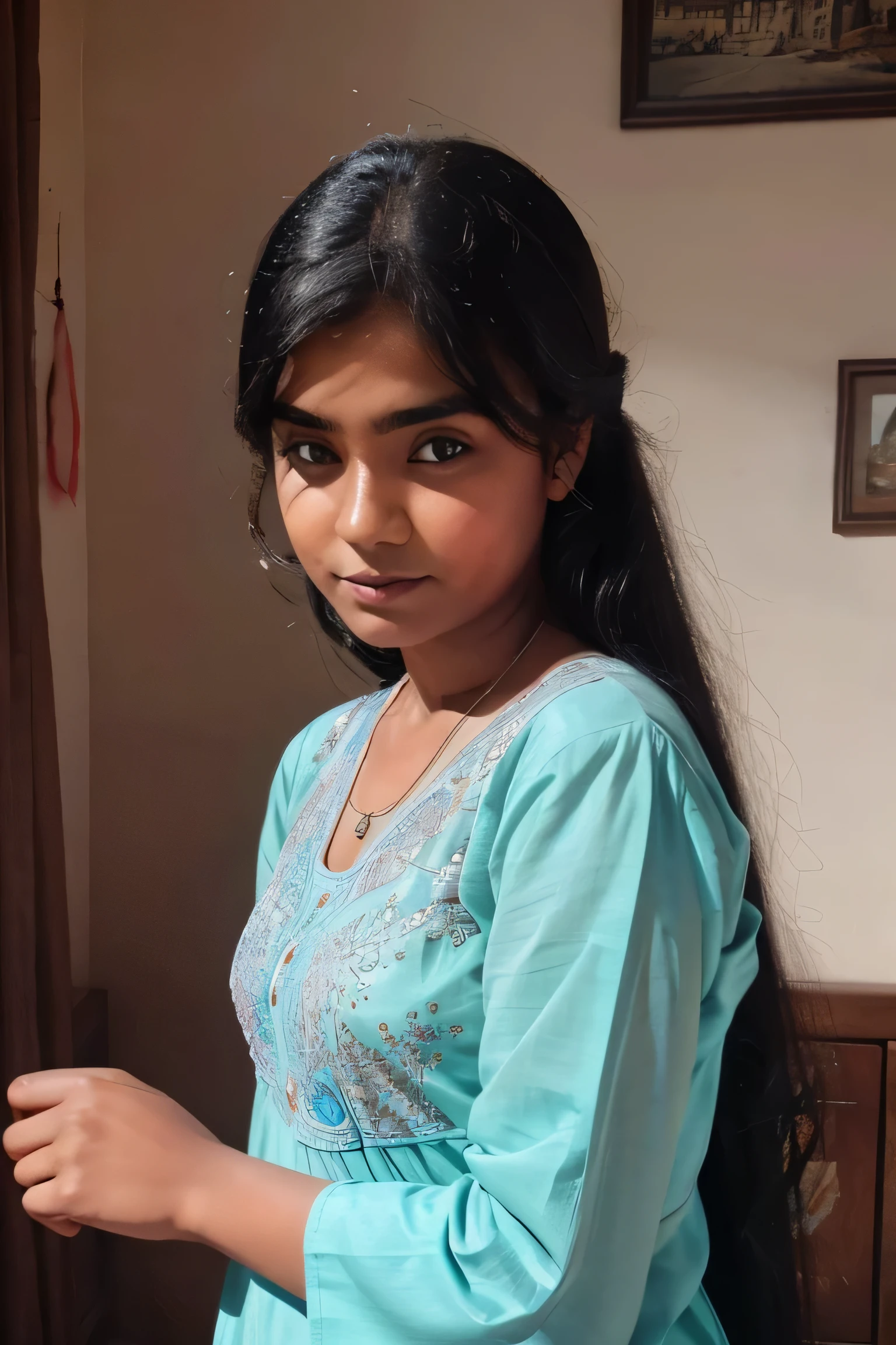 Ponytail hair Kurdish girl sitting on bed tin body mini skirt