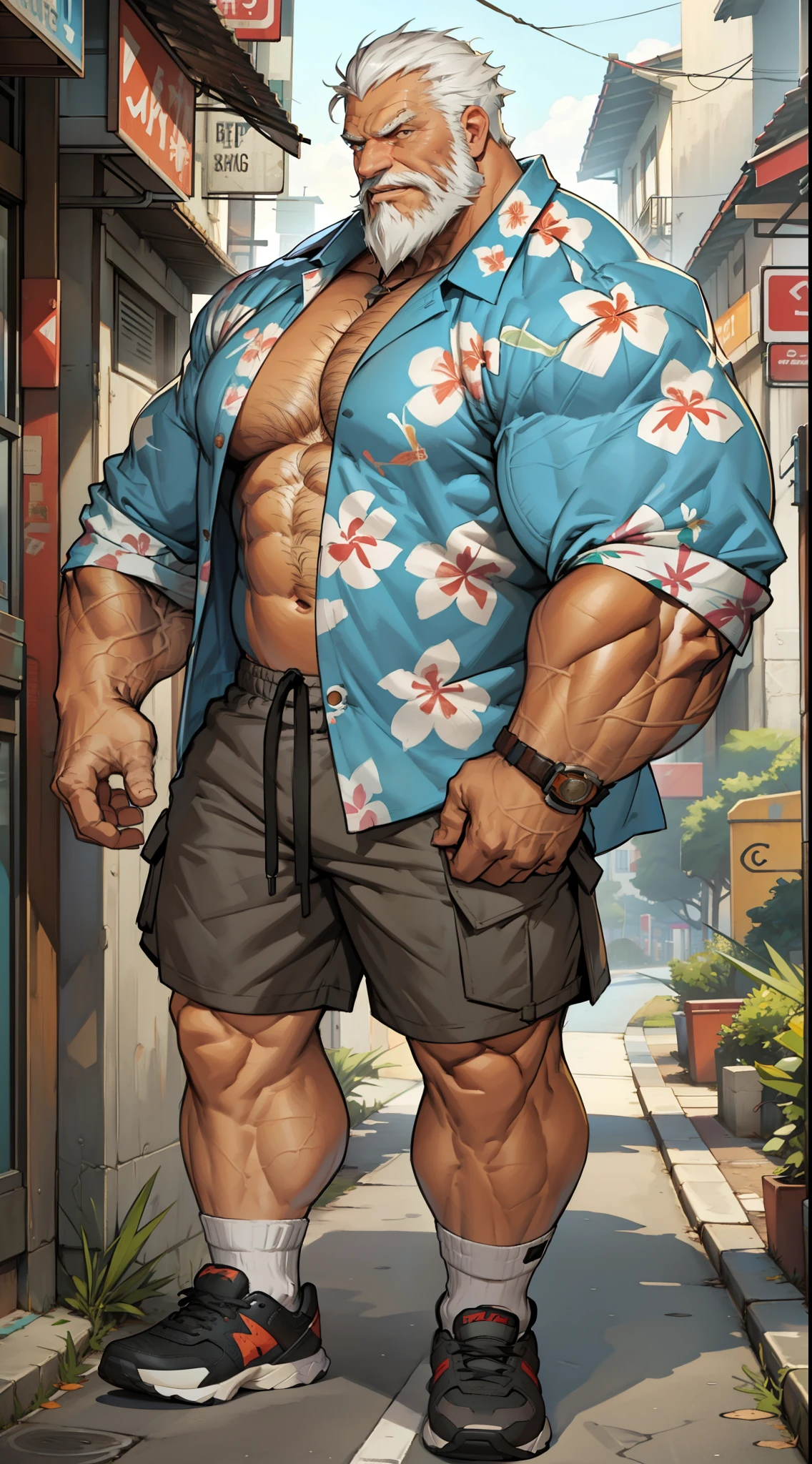 Solo, 1man, 1boy, old man in street city, old man, thick arm, huge arm, bearded. white hair and beard, bearded, muscular, pectoral, wide pectoral, realistic, 8k, masterpiece, (wearing shorts and wearing Hawaiian shirt, shoes)