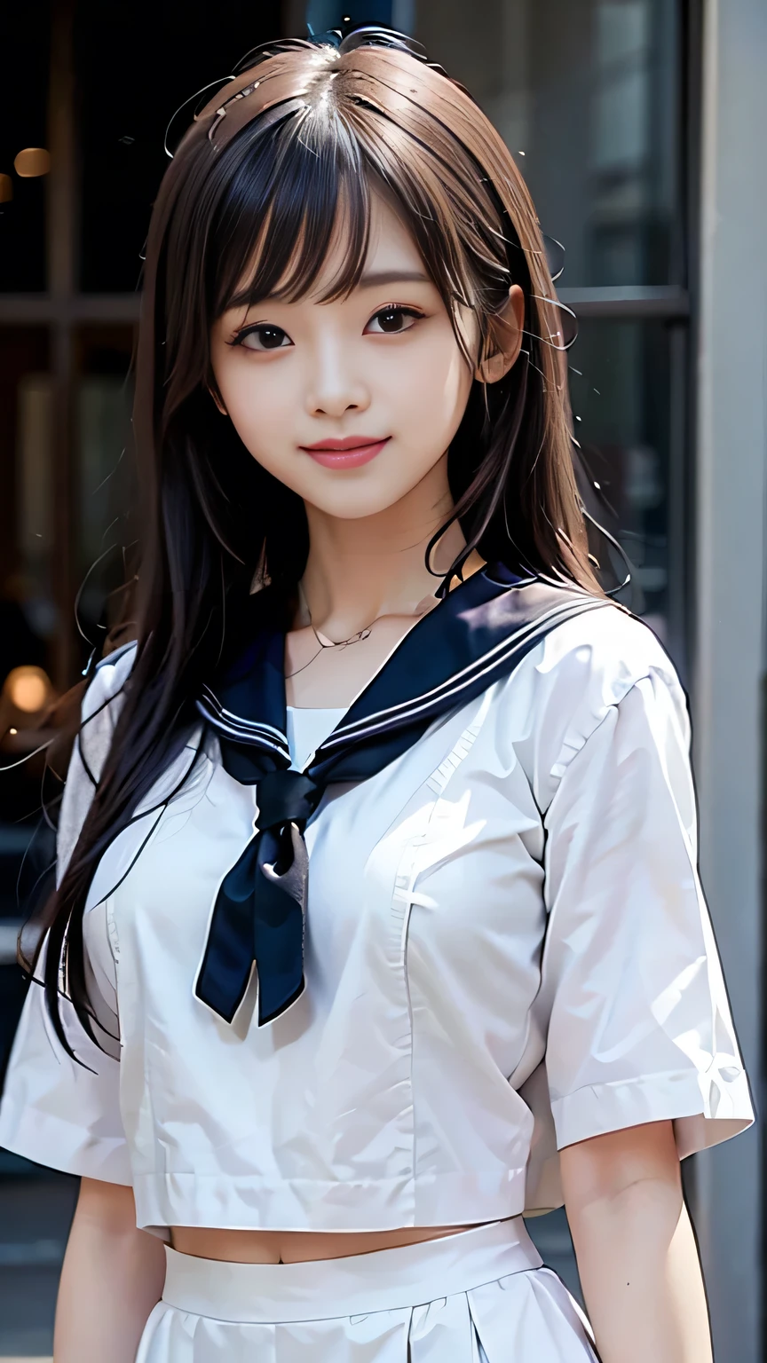 ((Highest quality、masterpiece、High resolution))、(((Zoom photo of upper body)))、One Woman、A shy smile、、Large Breasts、Sailor suit、Black Hair、Shorn bangs、Straight hair